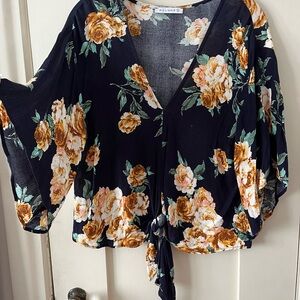 Floral Tie-Front Top - Navy and Orange